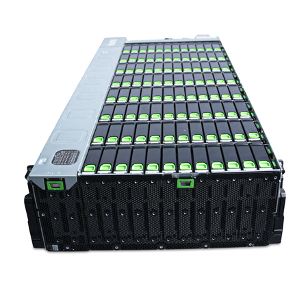 Angled front view of an open Seagate Exos E 4U106 with all drive bays populated.