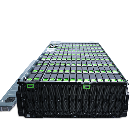 Front view of a Seagate Exos E 4U106 with lid removed and all drive bays populated.