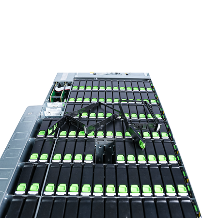 Top view of an open Seagate Exos E 4U106 showing drive bays, with two trays removed on top.