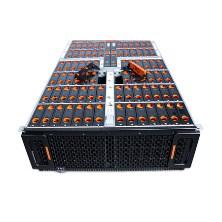 Angled front view of an open WD Ultrastar Data102 H4102-J showing drive bays, with two trays removed on top.