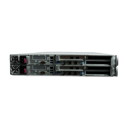 Rear view of 2U server with stacked power supplies, I/O ports, and PCIe slots.