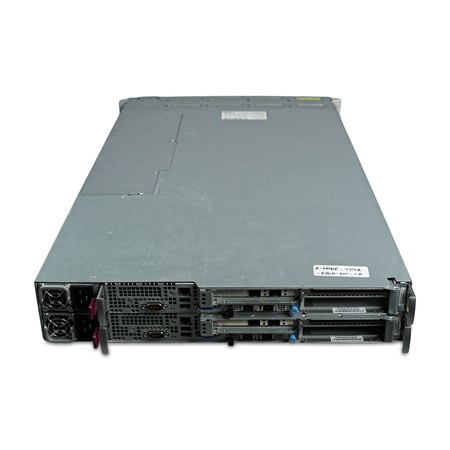 Rear-angled view of 2U server with power supplies and I/O ports.