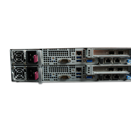 Rear close-up of 2U server with stacked power supplies and I/O ports.