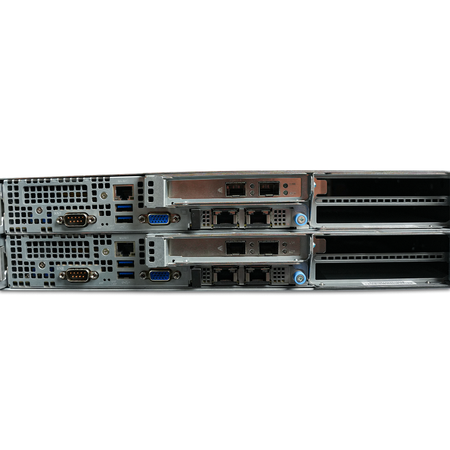 Rear close-up of 2U server I/O ports, network cards, and PCIe slots.