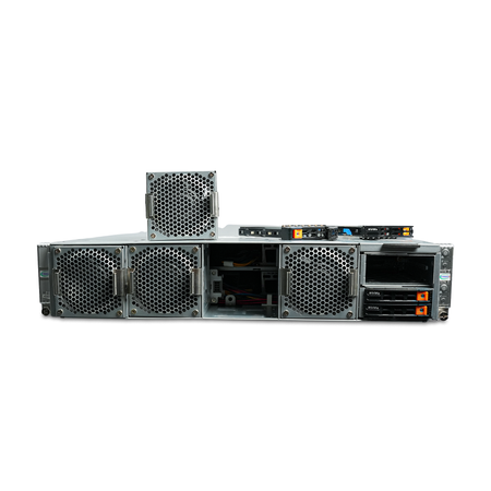 Front view of 2U server with fan and drive trays removed.