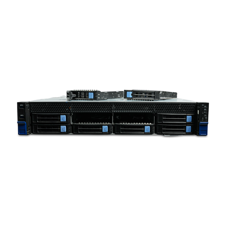 2U rack server with two drive trays removed and resting on top.