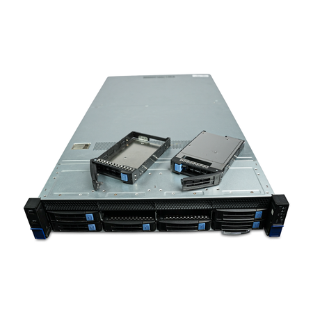 2U rack server with two 3.5-inch drive trays removed and resting on the lid.