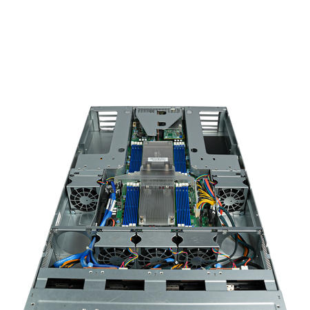 Open 2U server showing CPU heatsinks, memory slots, and fans.