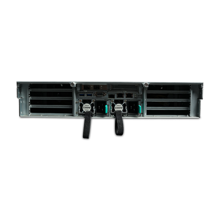 Rear view of 2U rack server with dual 2200W power supplies and PCIe slots.