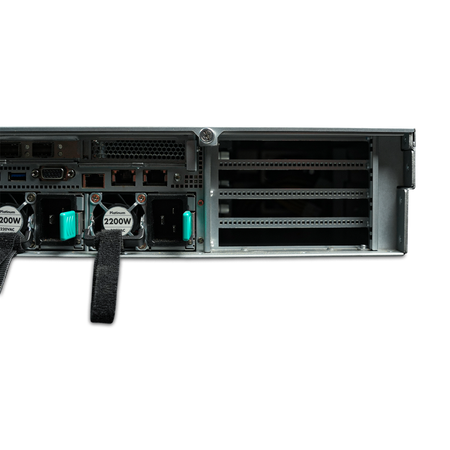 Server rear with network ports, 2200W power supply, and PCIe slots.