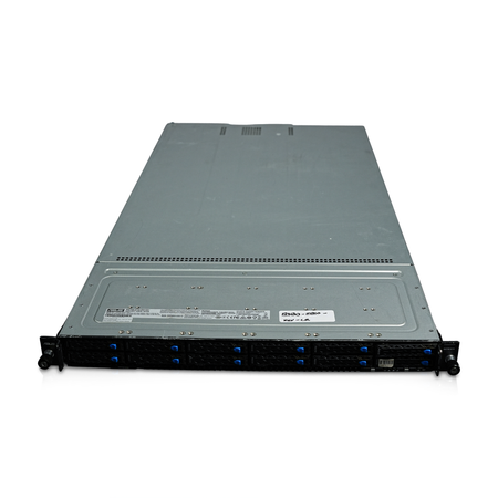Angled view of 1U rack server with front drive bays.