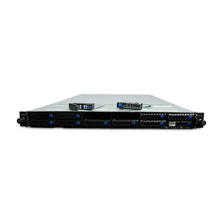 Front view of 1U server with two drive trays resting on top.