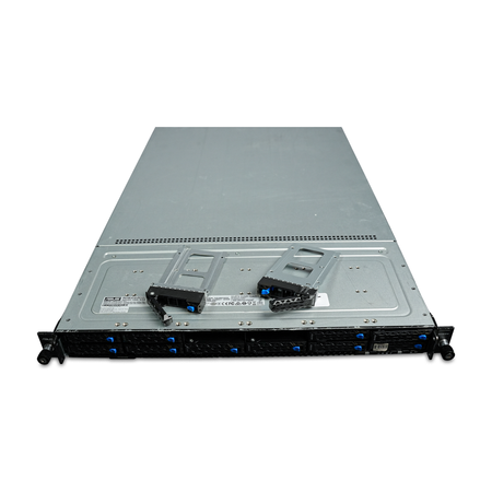 1U rack server with two drive trays removed and resting on the lid.