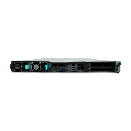 Rear view of 1U server with dual power supplies, I/O ports, and PCIe slots.
