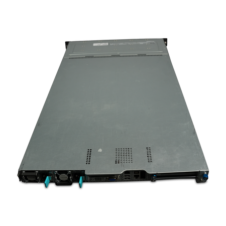 Rear-angled view of 1U server with dual power supplies and rear I/O ports.