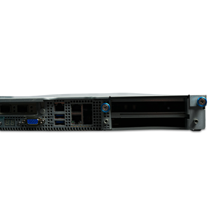 Rear close-up of 1U server I/O ports and PCIe slots.