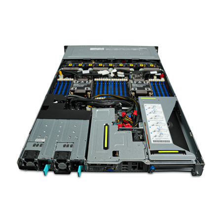 Rear-angled view of open 1U server with dual CPUs and memory slots.