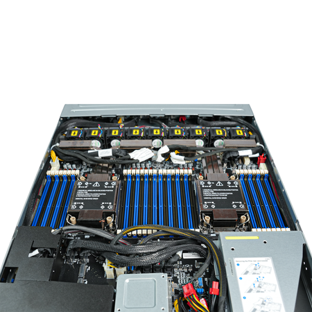Rear-angled close-up of 1U server with dual CPU heatsinks, memory slots, and fans.