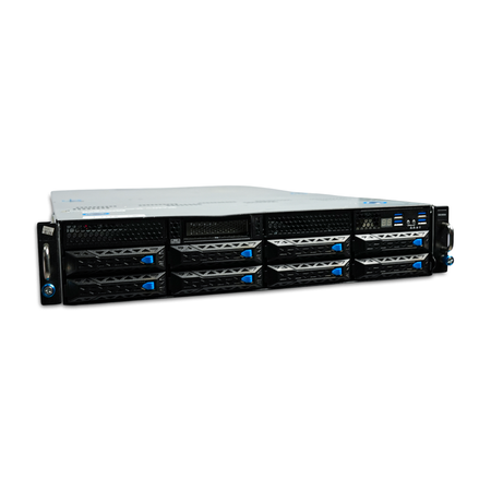 Low-angle front view of 2U server with eight 3.5-inch drive bays.