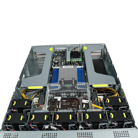 Front-angled view of open 2U server with fans and CPU heatsink.