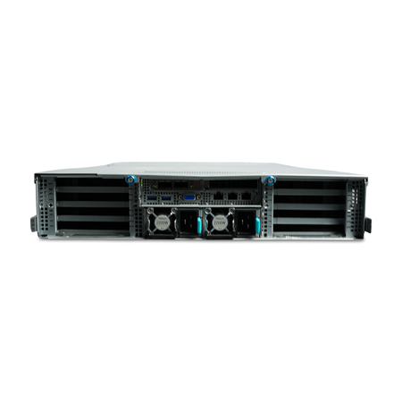 Rear view of 2U server with dual power supplies and PCIe slots.