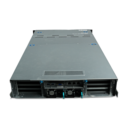 Rear-angled view of 2U server with dual power supplies and PCIe slots.