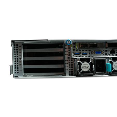 Left rear close-up of server PCIe slots, I/O ports, and 2200W power supply.