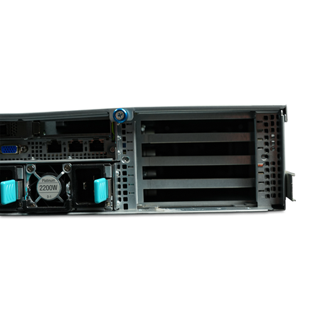 Right rear close-up of server network ports, 2200W power supply, and PCIe slots.