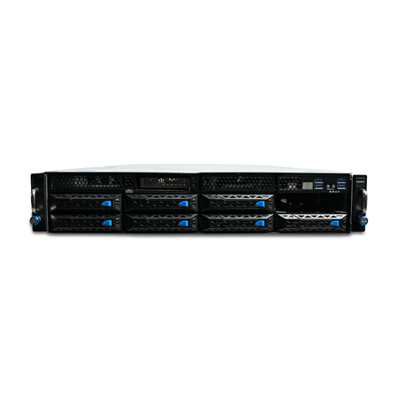 Front view of 2U server with 3.5-inch drive bays, one empty.