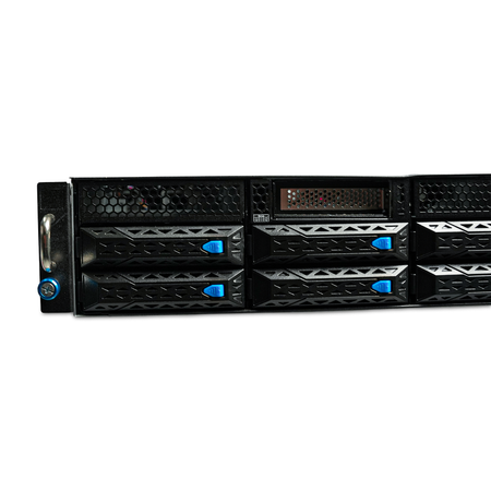 Left front close-up of server drive bays and rack handle.