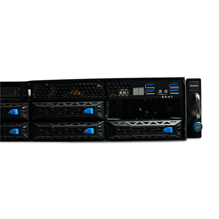 Right front close-up of server drive bays, USB ports, and control panel, with one empty bay.