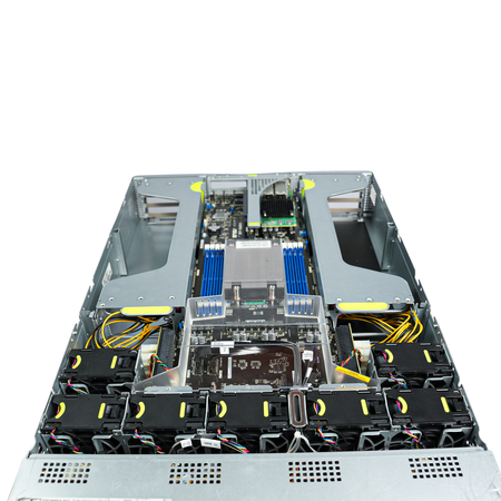 Front-angled view of open 2U server with fans and CPU heatsink.