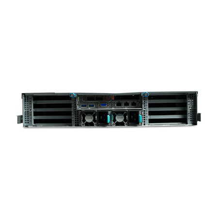 Rear view of 2U server with dual 2200W power supplies and PCIe slots.