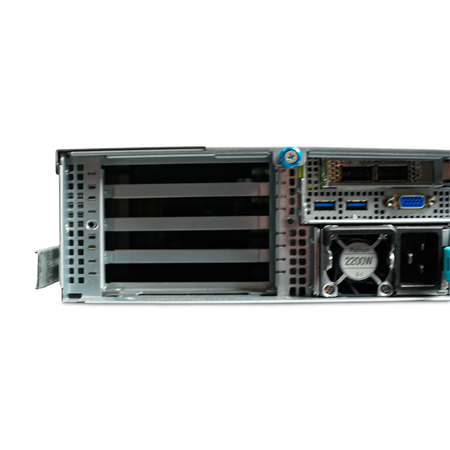Left rear close-up of server PCIe slots, I/O ports, and 2200W power supply.