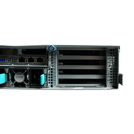 Right rear close-up of server network ports, 2200W power supply, and PCIe slots.