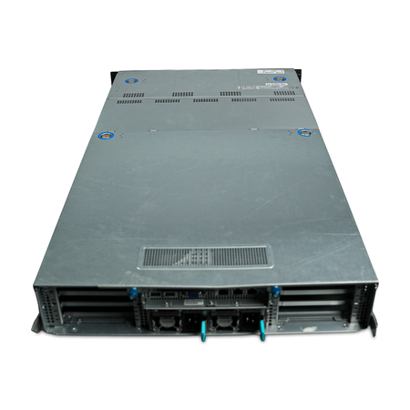 Rear-angled view of 2U server with dual power supplies and PCIe slots.