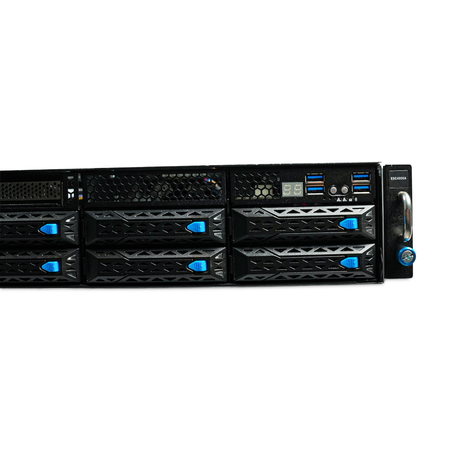 Front close-up of server drive bays, USB ports, and control panel.