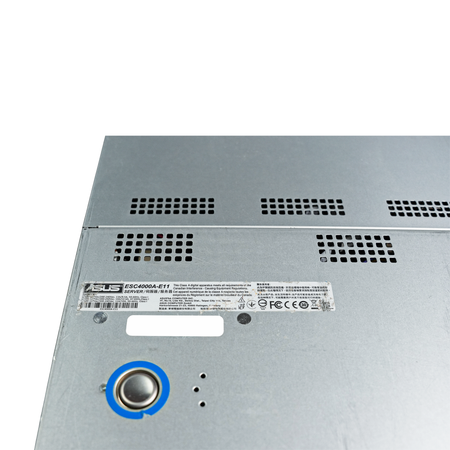 Close-up of server lid label and release button.