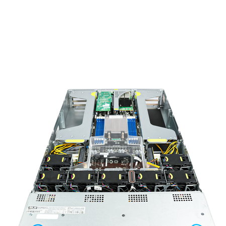Front-angled view of open 2U server with fans and CPU heatsink.