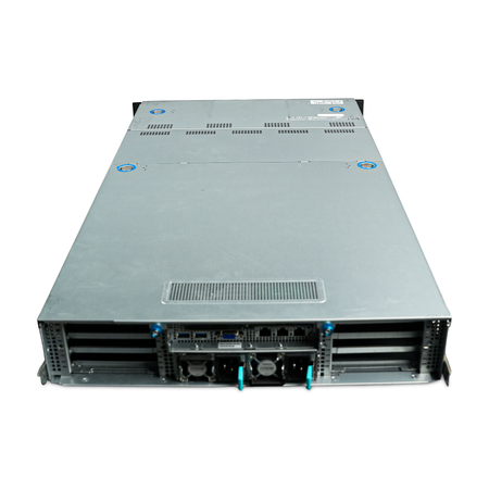 Rear-angled view of 2U server with dual power supplies.