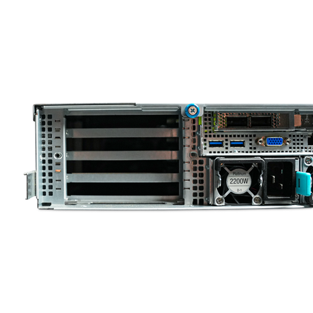 Left rear close-up of server PCIe slots, I/O ports, and 2200W power supply.