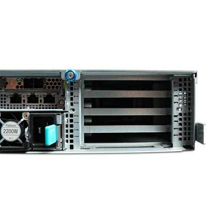 Right rear close-up of server network ports, 2200W power supply, and PCIe slots.