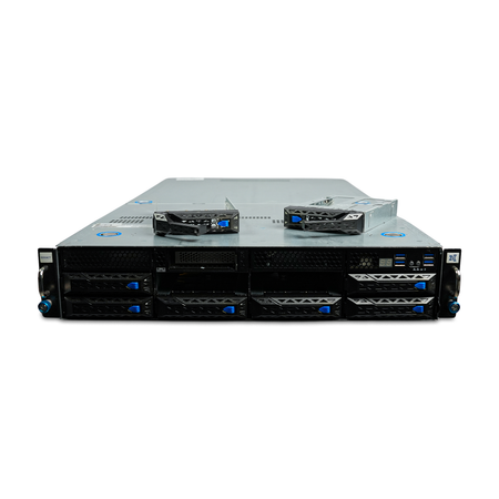 Front view of 2U server with two drive trays removed and resting on top.