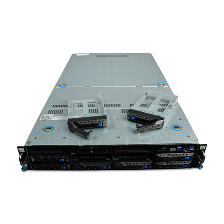 Angled front view of 2U server with two drive trays removed and resting on the lid.