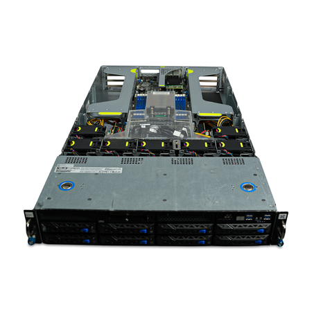 Front-angled view of open 2U server with eight drive bays, fans, and CPU heatsink.