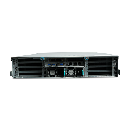 Rear view of 2U server with dual power supplies and PCIe slots.