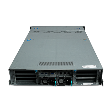 Rear-angled view of 2U server with dual power supplies and PCIe slots.