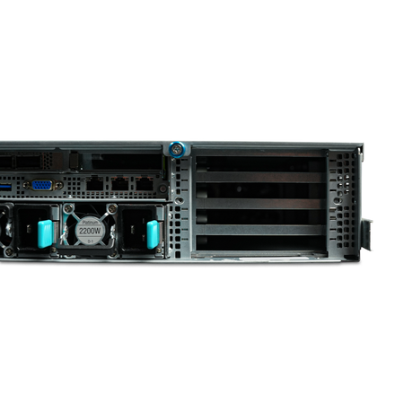 Right rear close-up of server network ports, 2200W power supply, and PCIe slots.