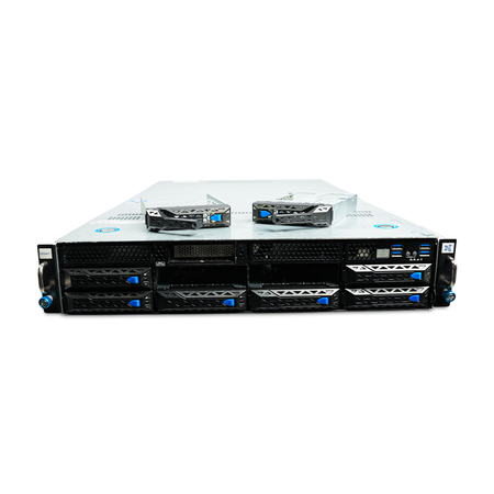Low-angle front view of 2U server with two drive trays removed and resting on top.