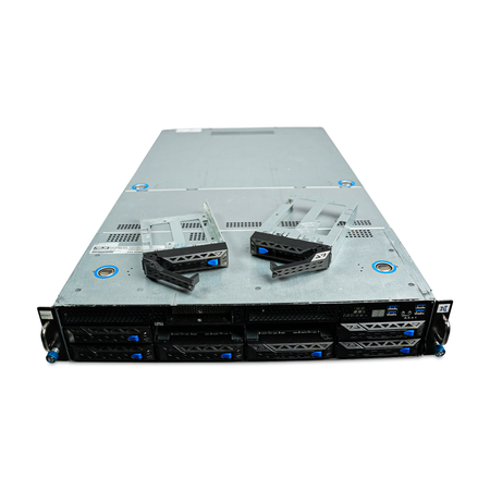 Angled front view of 2U server with two drive trays removed and resting on the lid.